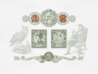 Lazy Money Club - Branding Elements arwork bank branding design drawing engraving gentleman globe graphic design illustration logo money monogram stamp vintage