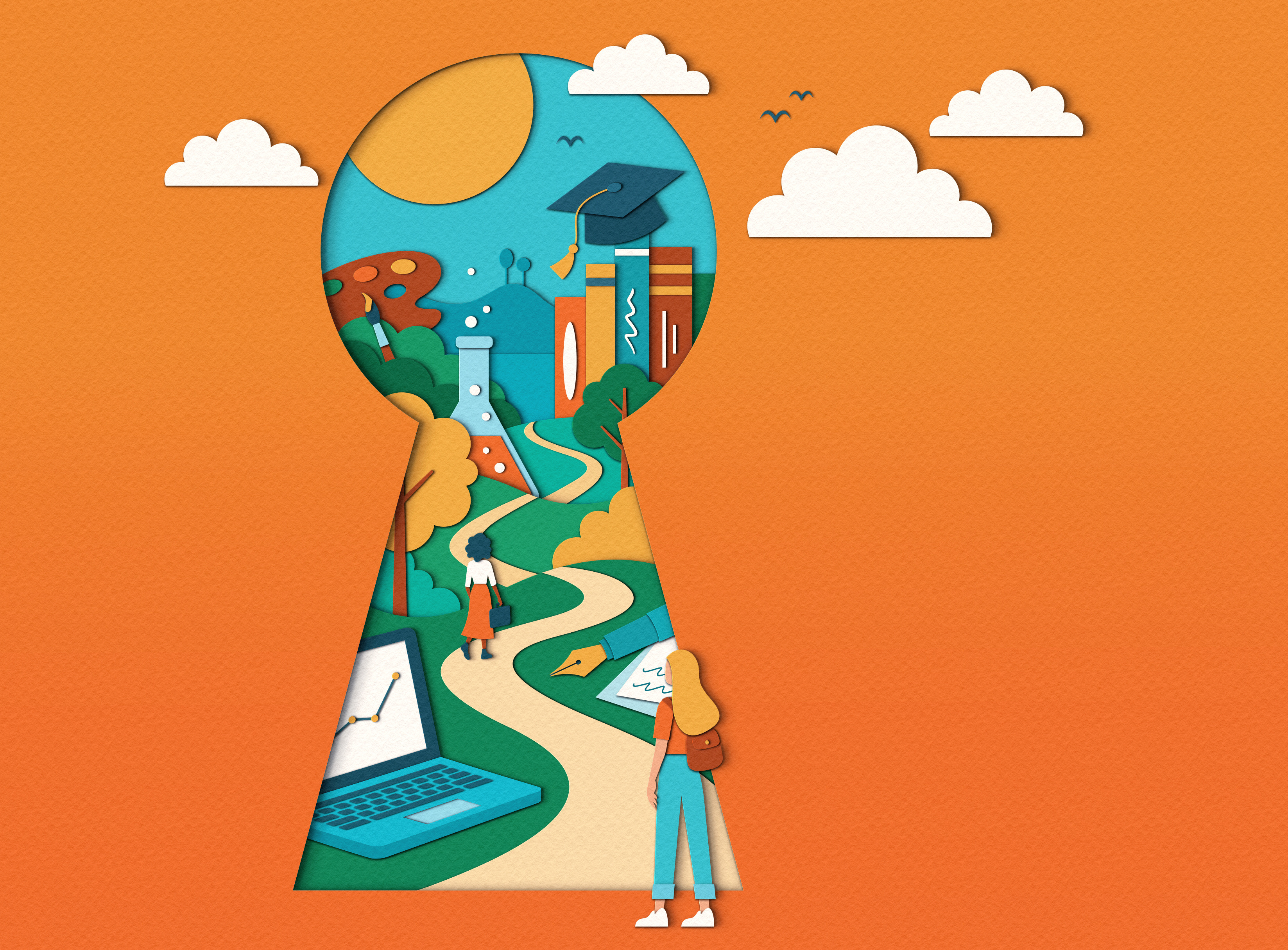 Mount Holyoke - Alum Fellowships college design editorial education illustration keyhole landscape magazine paper craft path students university