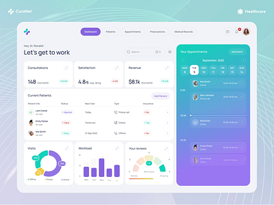 Healthcare Web App Dashboard Design - CuraNet ai assistant ai chatbot web design chatbot ui doctor appointment app doctor website health website healthcare app healthcare chatbot healthcare logo insurance website medical dashboard medical logo medical website design online platform ui ux progressive web app symptom tracker telemedicine website web app web dashboard