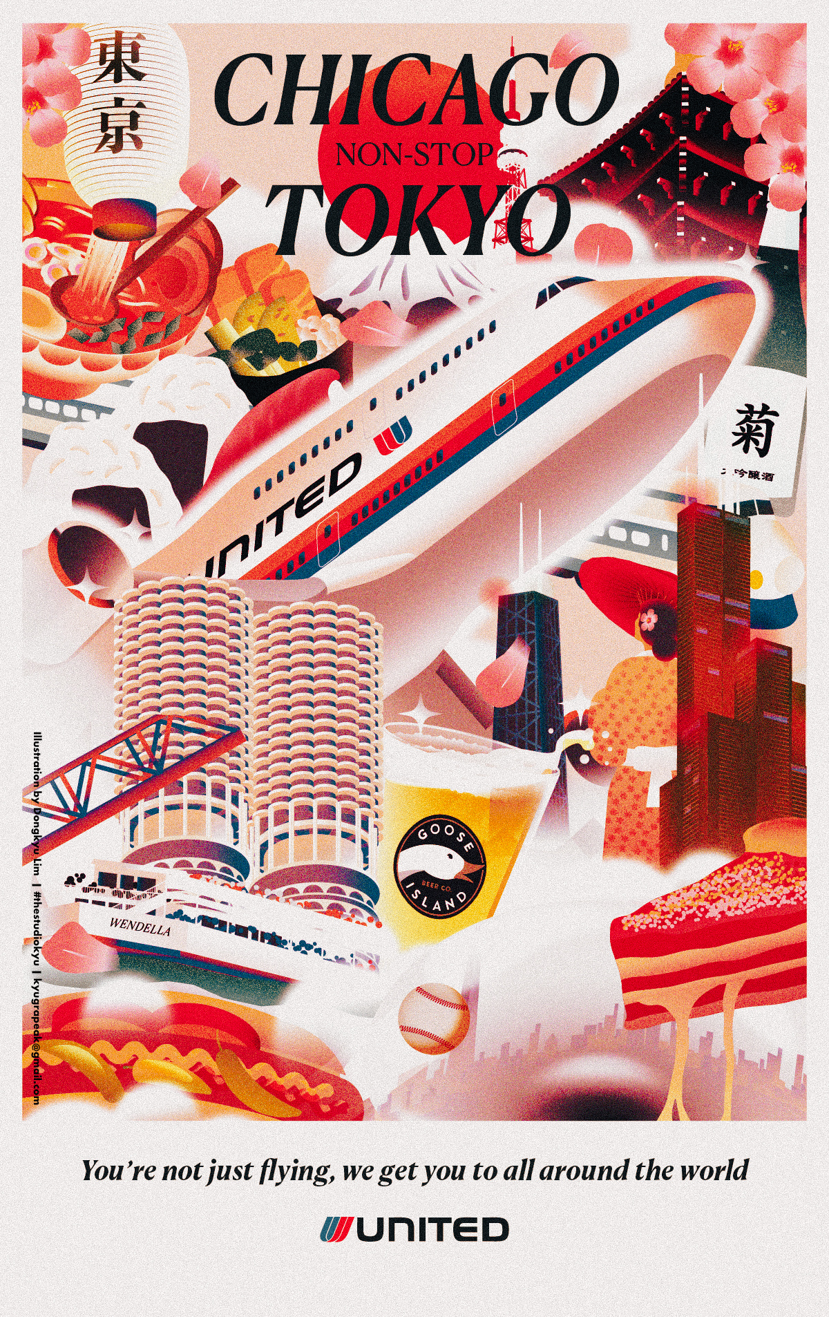 90s United Poster - Chicago to Tokyo chicago collage illustration poster tokyo travel united airlines