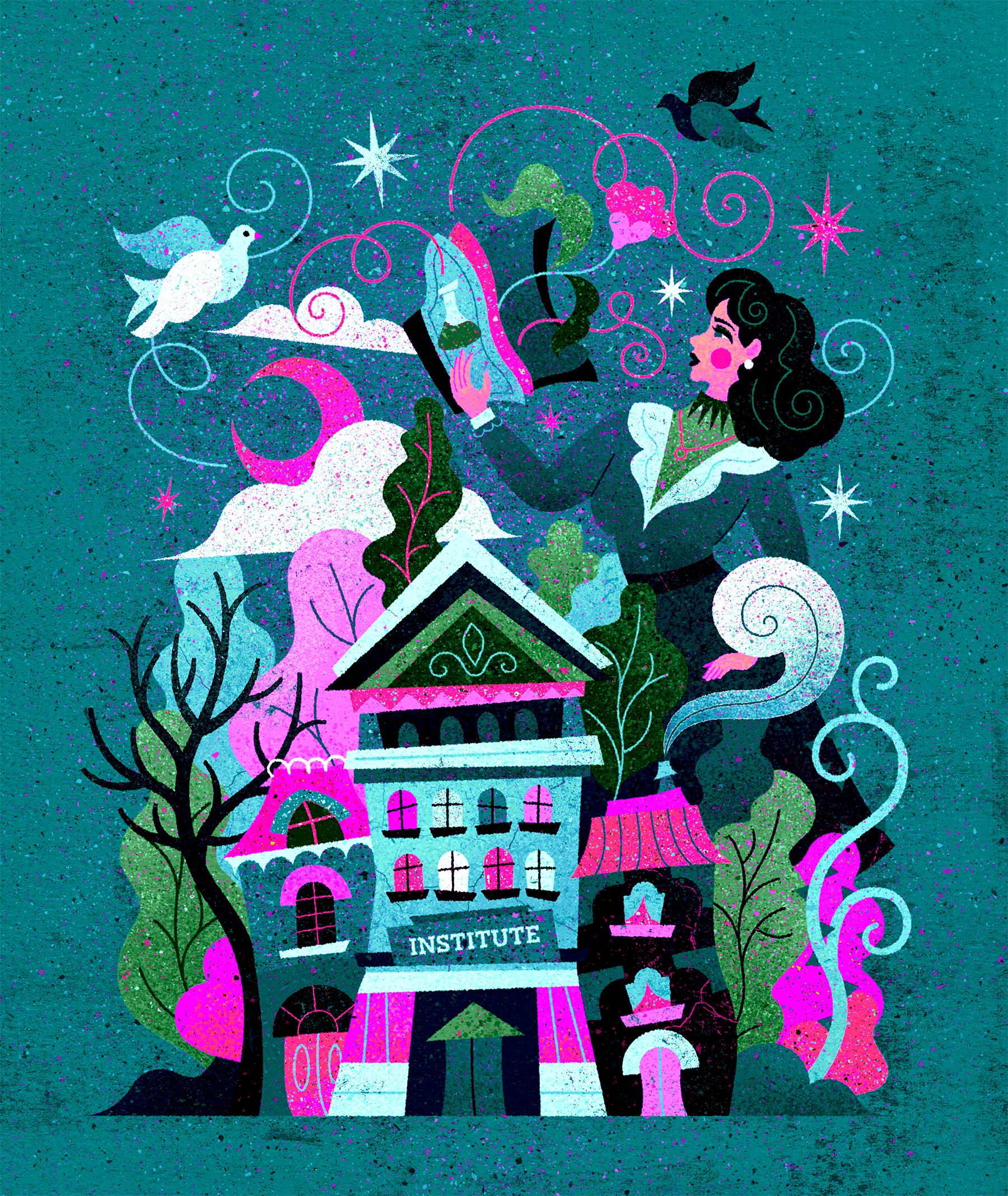 Institute of Magic abstract adobe illustrator bird books buildings design enchanted geometric illustration institute magic moon nature pattern potions texture trees vector witch woman
