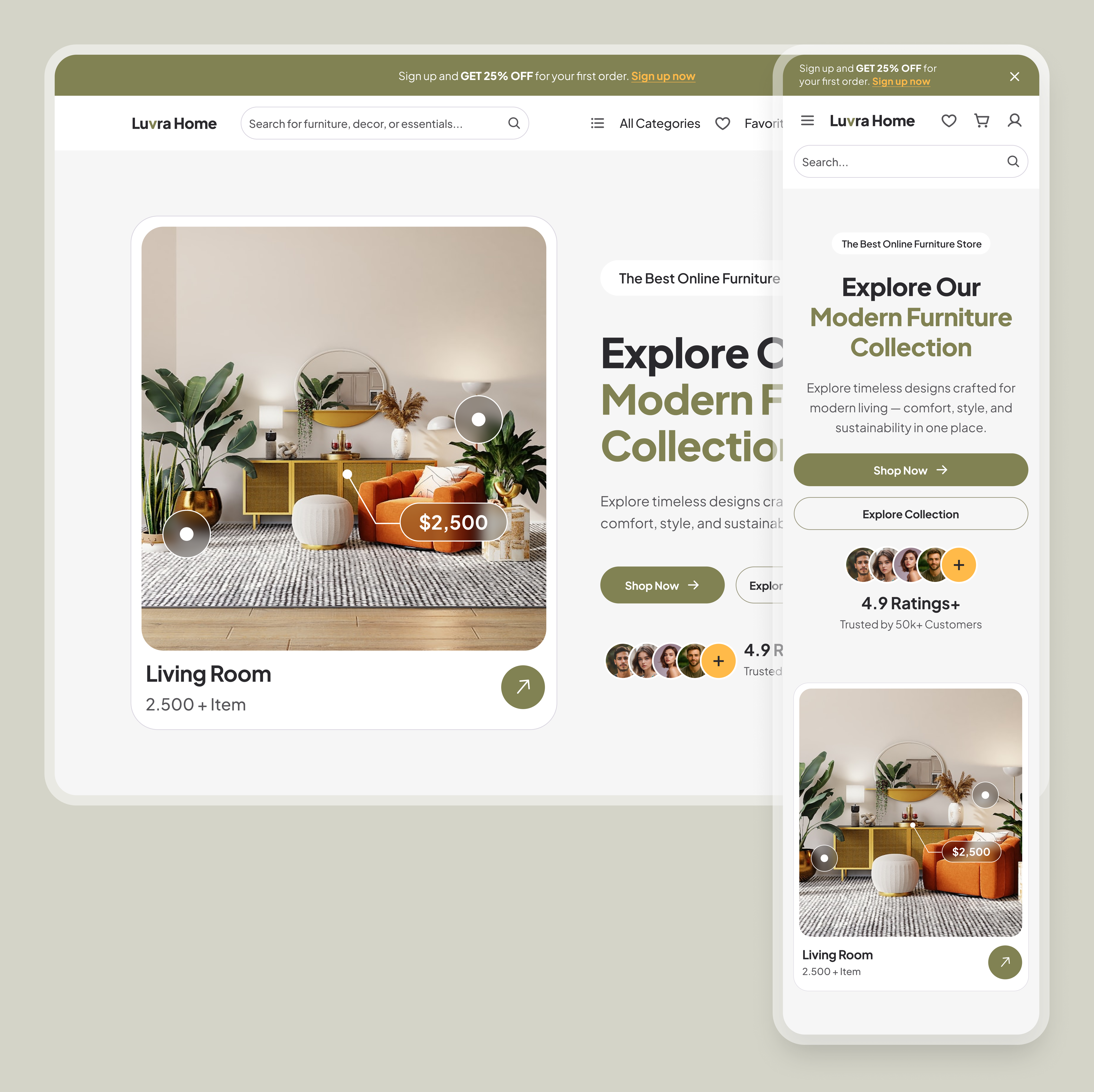 Furniture E-commerce – Hero & 404 Page Design 404 404page cardui dribbble ecommerce furniture hero interface interior landingpage minimal modern olive ui uxdesign web webapp webdesign
