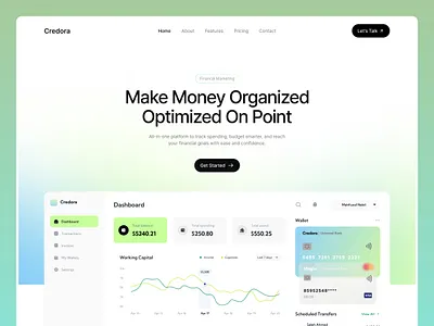 Credora - Finance Website Header Design app design design finance app finance dashboard finance website header design header ui landing page saas app saas design saas website ui ui design web design website
