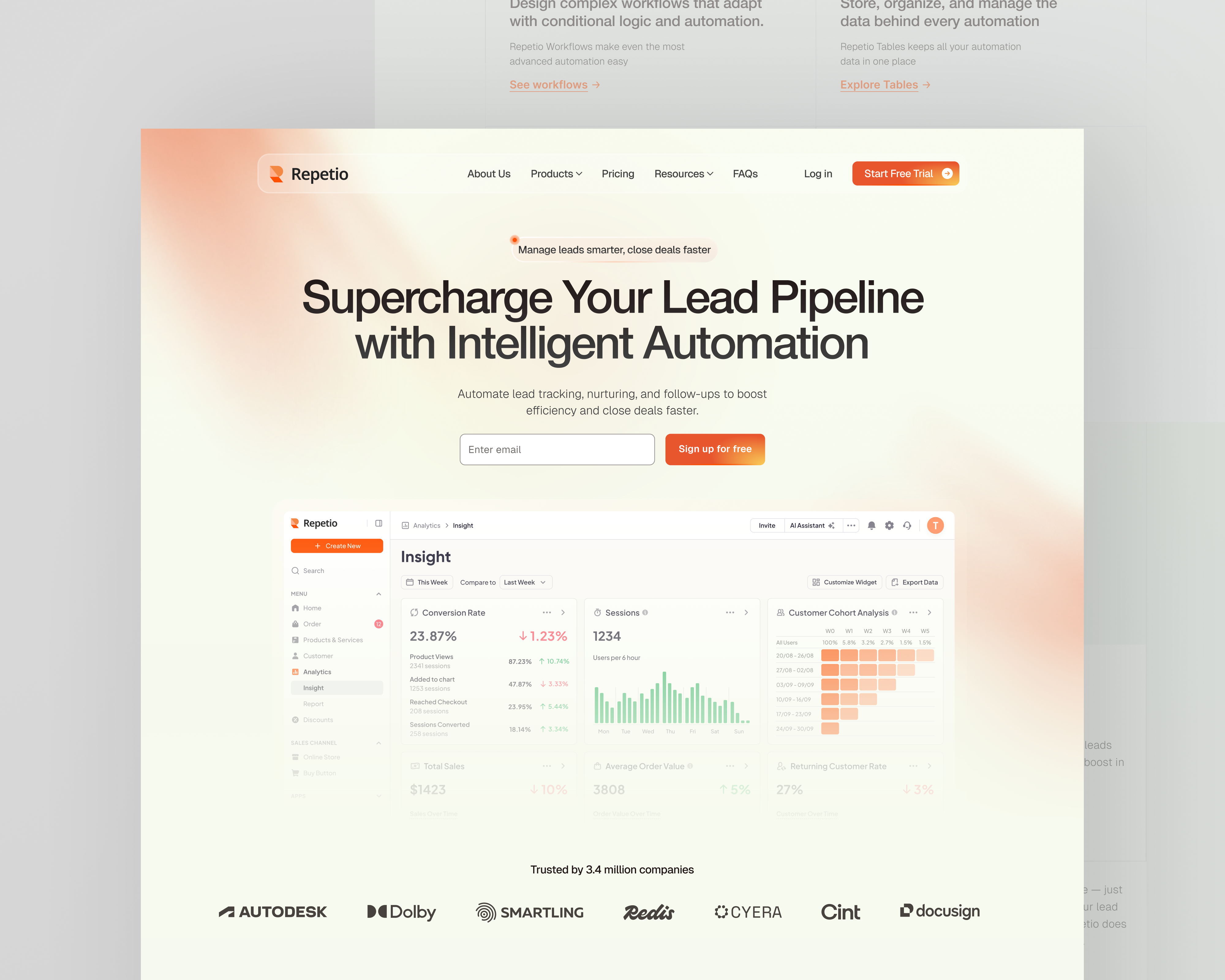 AI-Powered SaaS Design for Streamlined Lead Management | Repetio ai crm ai lead automation ai powered productivity tool conversion landingpage lead management software lead tracking system saas landingpage saas platform design saas website smart sales automation web