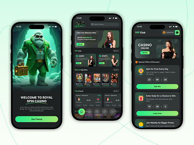 Casino | Royal Spin Casino | Gambling | Casino App | Mobile App appdesign bettingapp casinoapp casinoui cryptocasino darkui dribbbleshots figmadesign gamblingapp gamingapp greentheme luxurydesign mobileappconcept mobileuidesign rewardscreen royalspin uidesign uiinspiration uxdesign vipclub