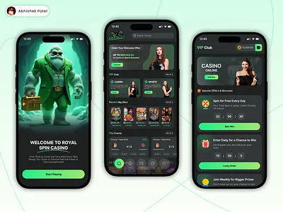 Casino | Royal Spin Casino | Gambling | Casino App | Mobile App appdesign bettingapp casinoapp casinoui cryptocasino darkui dribbbleshots figmadesign gamblingapp gamingapp greentheme luxurydesign mobileappconcept mobileuidesign rewardscreen royalspin uidesign uiinspiration uxdesign vipclub