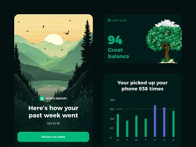 Roots Weekly Reports analytics app apple balance bars dark mode dopamine graph illustration mindfulness nature report review screen time statistics stats tree ui ux weekly report