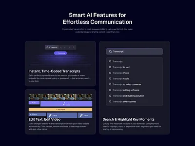 AI Transcription Platform: Smart Editing & Search Features adlckn ai transcript video ai video editor bento code dark mode dark mode video editor dark saas landing page feature illustration landing page landing page feature marketing web saas saas landing page smart video editor transcript video editor web design web design saas