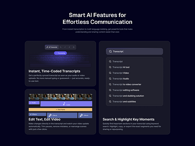 AI Transcription Platform: Smart Editing & Search Features adlckn ai transcript video ai video editor bento code dark mode dark mode video editor dark saas landing page feature illustration landing page landing page feature marketing web saas saas landing page smart video editor transcript video editor web design web design saas