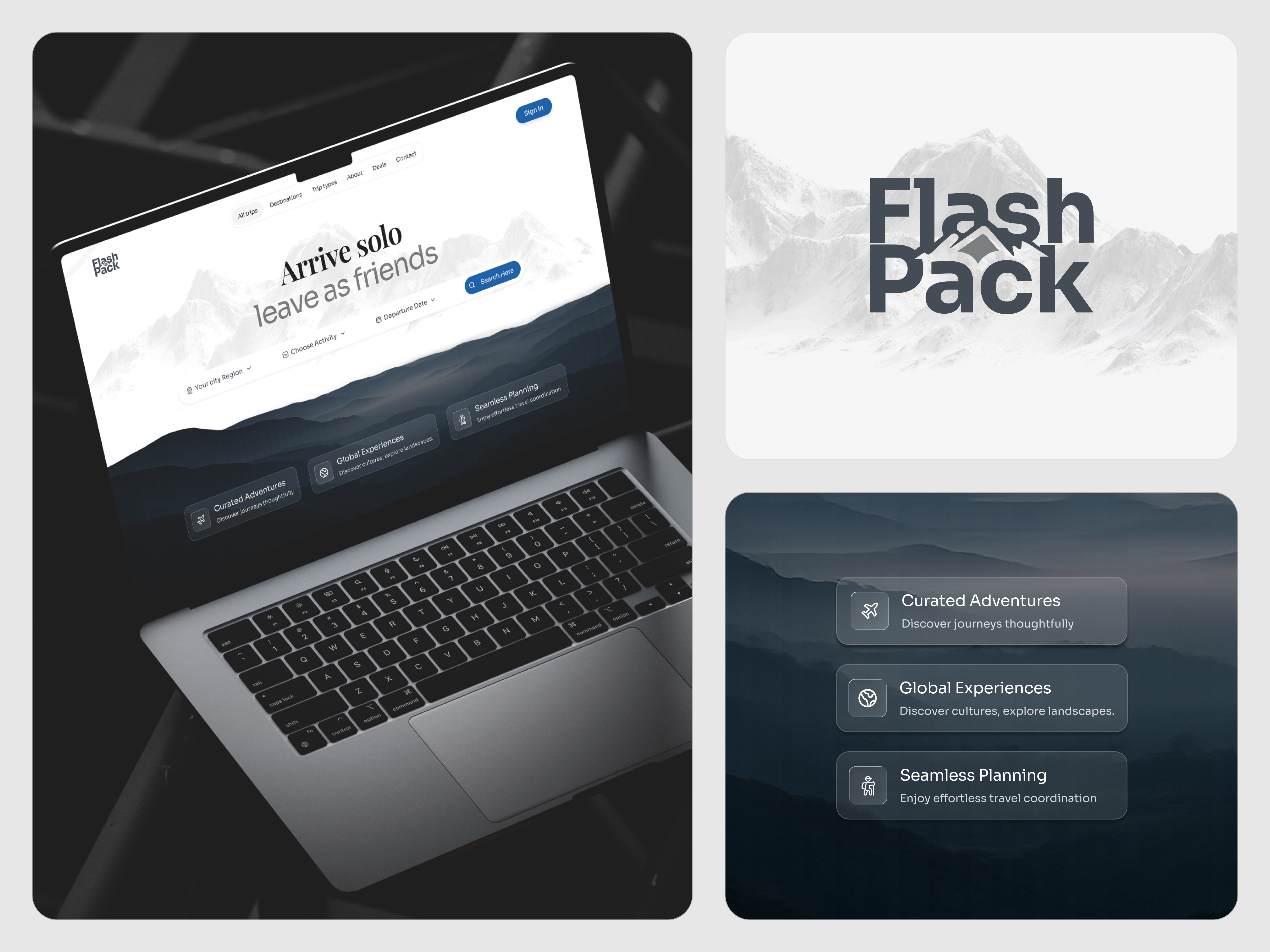 Flashpack – Adventure Travel Website • Hero Section adventure website booking flow branding design dribbble inspiration landing page logo minimal web design mountain travel agency travel platform travel website design trending ui web design website design wingly