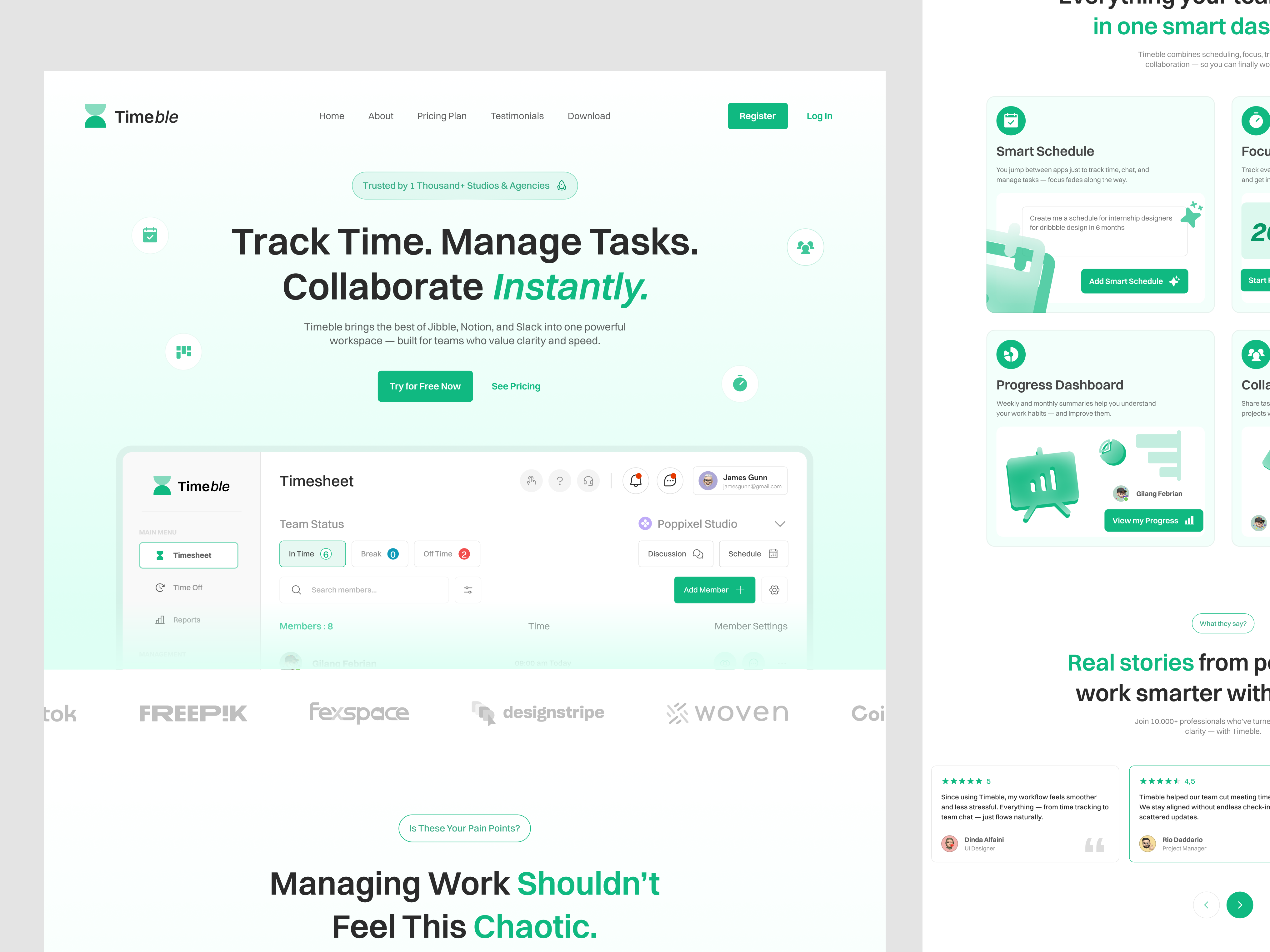 Timeble — Smart Time Tracking for Remote Teams Landing Page animation branding dashboard design dujima studio dujimastudio figma graphic design illustration jibble landing page landingpage logo time tracker ui uidesign uiux website