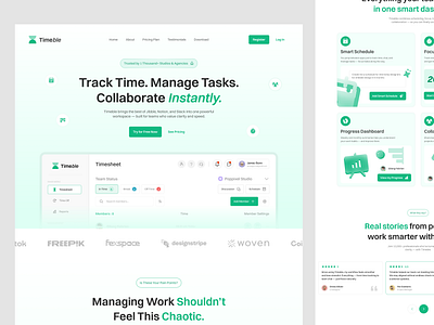 Timeble — Smart Time Tracking for Remote Teams Landing Page animation branding dashboard design dujima studio dujimastudio figma graphic design illustration jibble landing page landingpage logo time tracker ui uidesign uiux website