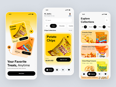 Snack Delivery Mobile App app concept clean ui e commerce app food ordering minimal design mobile app design modern ui product page ui snack app ui user interface ux design yellow theme ui