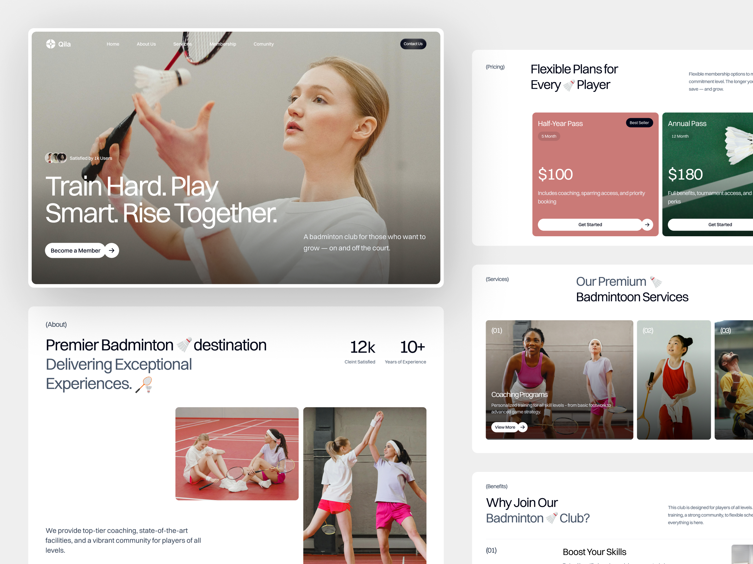 Qila - Badminton Sports Club Landing Page about us animation badminton badminton club clean design clean landing page design editorial hero homepage landing page landing page animation large font minimalist sports sports club landing page sports website typography ui ux design