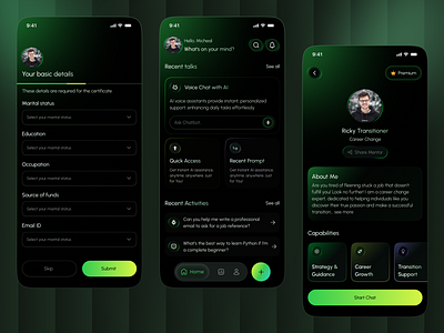 AI Chatbot Mobile App ai app app app design best ui chatbot dark mode ui design futuristic design green theme mentorship app mobile mobile app design neon ui productivity app smart assistant ui ui design uiux case study ux