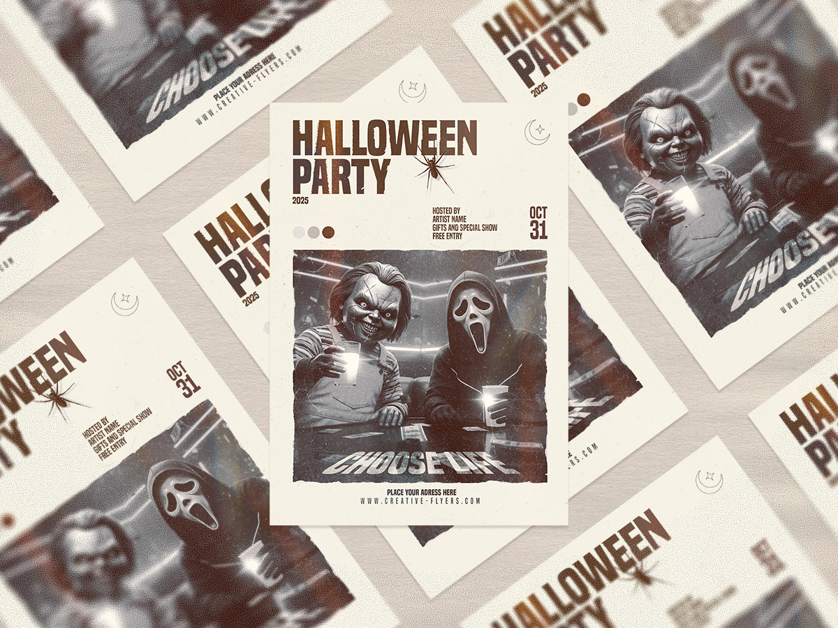Retro Halloween Vibes (Psd) chukky cover creative creative flyer design flyer templates ghostface graphic design grunge halloween halloween movies horror illustration movie photoshop poster psd flyer retro rustic vintage