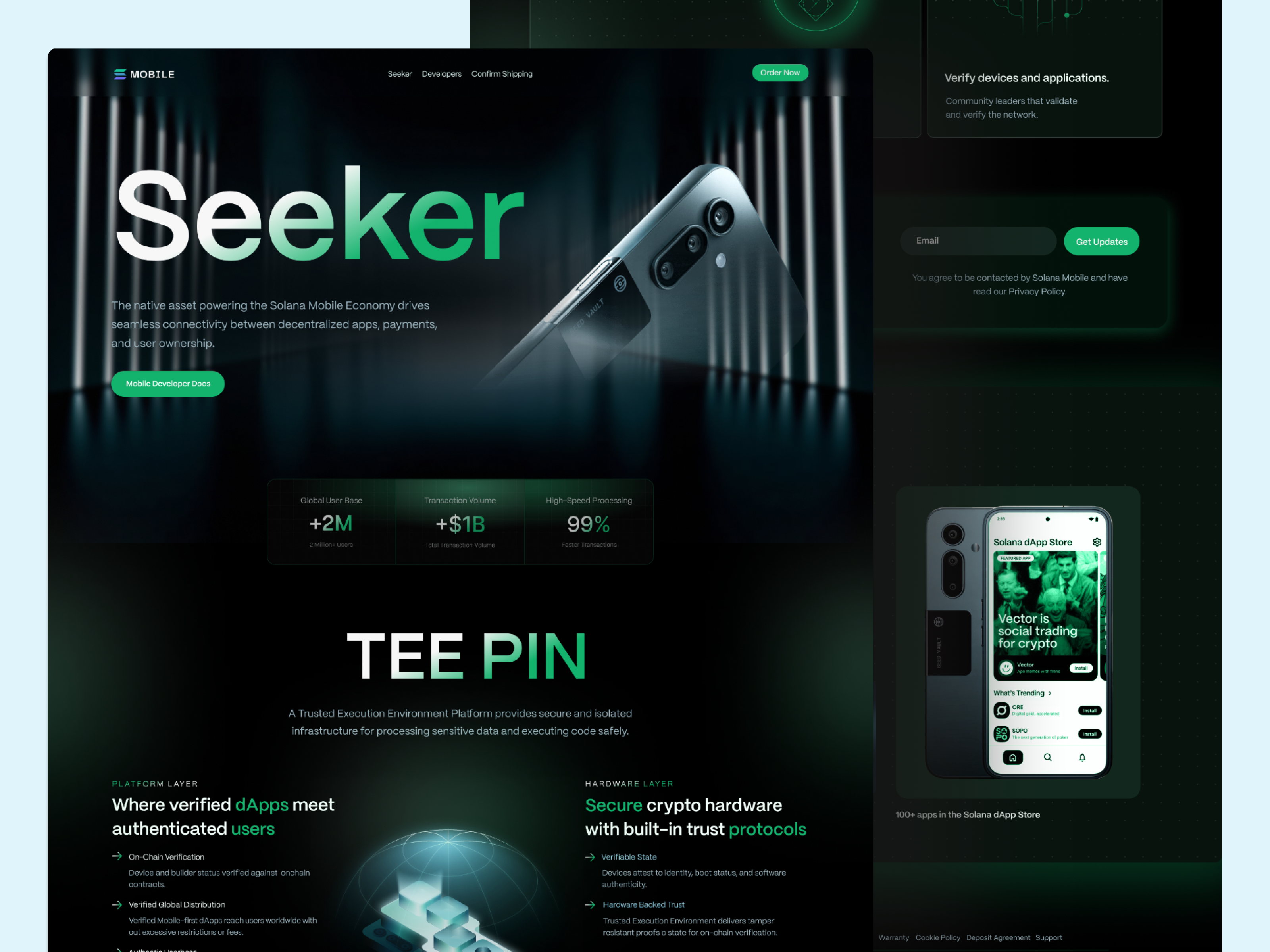 Solana Website | Web3 Mobile Evolution blockchain blockchain design crypto crypto technology cryptocurrency dark mode decentralized apps design futuristic ui landing page mobile economy modern web design smartphone solana solana landing page solana mobile tech web3 website design