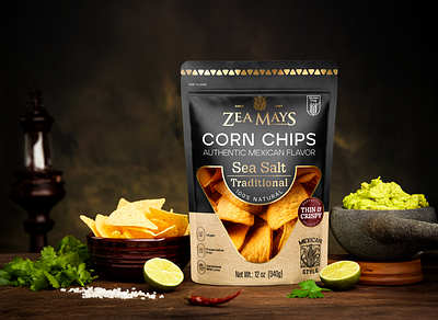 Zea Mays | Premium Mexican Corn Chips Packaging 3d mockup branding corn chips design graphic design illustration label mexican packaging product totopos zea mays