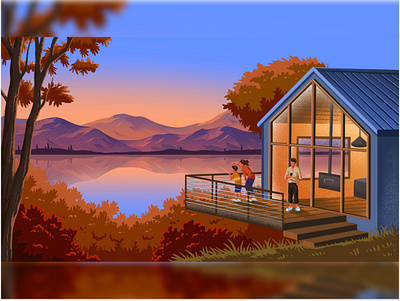 Family Vacation assets autumn cabin design escaping healing holiday home house illustration lake landscape mountain property vacation