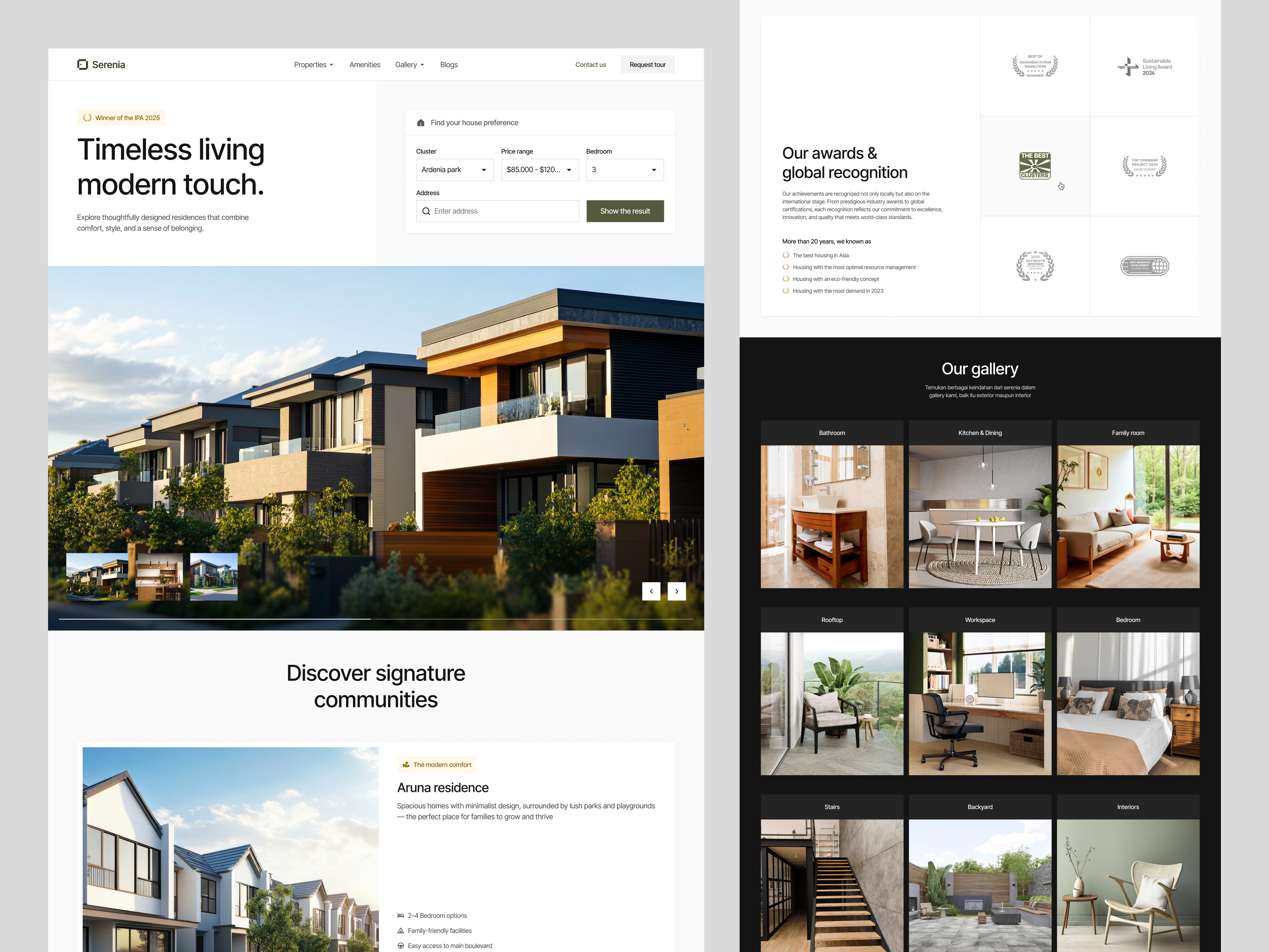Serenia – Real Estate Landing Page agency properties architecture design clean interface creative agency graphic design home house house listing interior luxury design minimal design modern ui product design property website real estate landing page real estate ui real estate website uiux design web design website concept