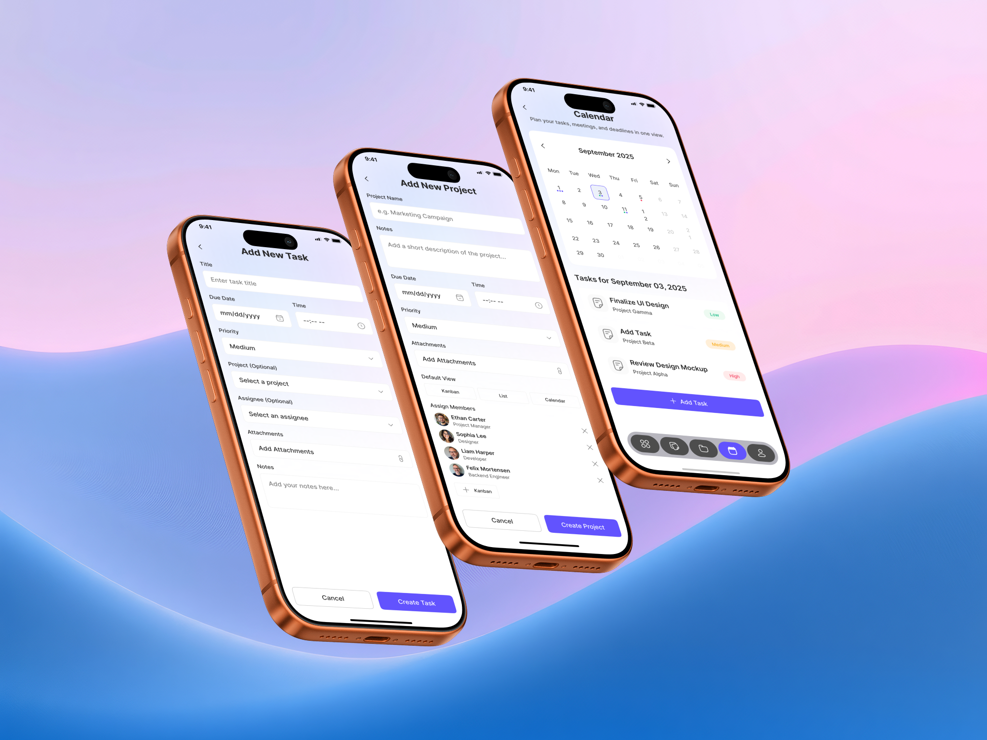 Task Management App – Add Task, Add Project & Calendar UI app interface service startup ui ux web