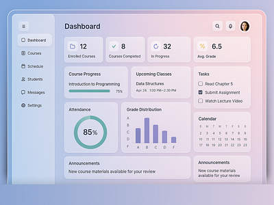 Dashboard UI Design - learning platforms, universities SaaS attendance dashboard clean interface course tracking edtech education dashboad figma design glassmorphism learningn platform minimal design saas design school management student dashboard ui ux design ux frienldy web app design