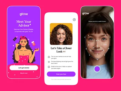 Glow - AI Makeup Try-On & Face Scan App (Fun Gen Z UI) aibeauty aiux appdesign armakeup beautyapp designinspiration genzdesign makeupapp playfului skincareapp uidesign virtualtryon