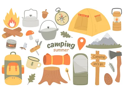 Camping set camping design flat icon illustration vector иконки