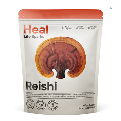 Heal Life Sparks | Reishi Mushroom Powder Packaging 3d mockup botanical branding cordyceps graphic design illustration label lions mane minimalist mushroom nutrition organic packaging pouch premium reishi supplement wellness