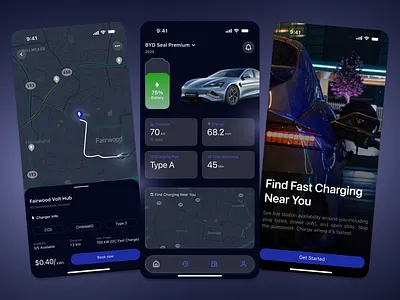 EV CHARGING STATION FINDER MOBILE APP - UI DESIGN chargin station app charging station charging station app charging station app mobile charging station finder mobile charging station ui design dark blue design dark mode design dark mode ui design detail location mobile ev charging app ev charging station ev charging station mobile app ev mobile app evapp homepage ui mobile maps mobile app mobile app onboarding ui design onboarding ui mobile