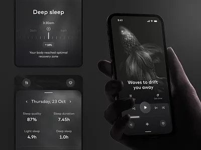 Sleep Tracker App Concept app concept dark theme design glassmorphism health app illustration meditation app mobile app sleep app statistics app ui ux