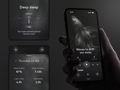 Sleep Tracker App Concept app concept dark theme design glassmorphism health app illustration meditation app mobile app sleep app statistics app ui ux