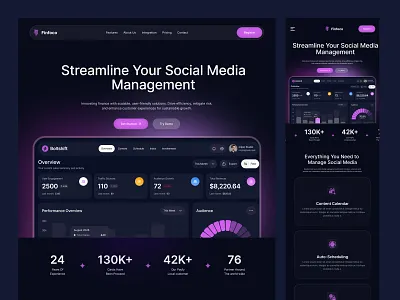 Social Media Management SaaS Landing Page Design dark mode dashboard design landing page marketing website minimal design modern design product design responsive design saas saas landing page saas ui saas website social media management ui design ux design web app web design