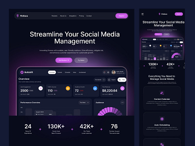 Social Media Management SaaS Landing Page Design dark mode dashboard design landing page marketing website minimal design modern design product design responsive design saas saas landing page saas ui saas website social media management ui design ux design web app web design