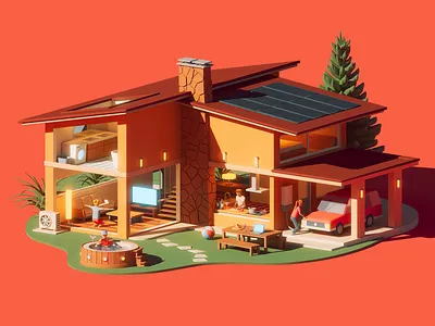 Family Home ⚡️ 3d animation architecture c4d cinema4d energy family home house illustration isometric midcentury midcenturymodern solar solarpanels