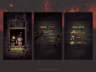 Outside | Game Visual Development app art artist black dark design game horror illustration main screen setting ui ux vaanart