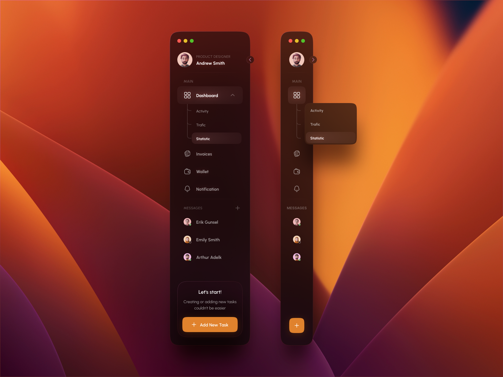 Example of AI Dashboard Sidebar – Dark & Light Web App UI Design