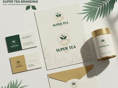 SUPER TEA Premium Tea Brand Logo & Stationery Design brand designer brand identity business card mockup clean branding creative logo eco brand design elegant logo luxury branding minimalist logo mockup presentation modern logo design natural product branding organic tea logo packaging design premium logo product branding stationery branding tea brand logo tea packaging