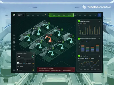 Robotics Dashboard Design Real-Time Flow Visualization 3d visualization dashboard factory ui design graphic design high tech interface human machine interface (hmi) industrial interface minimalist dashboard motion design process optimization production monitoring real time data visualization robotics dashboard uiux user interface web design