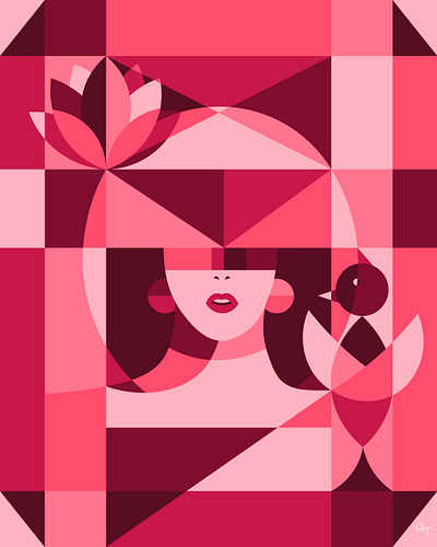 The Architect of Stillness bird geometric illustration lotus monochromatic pink portrait vector woman