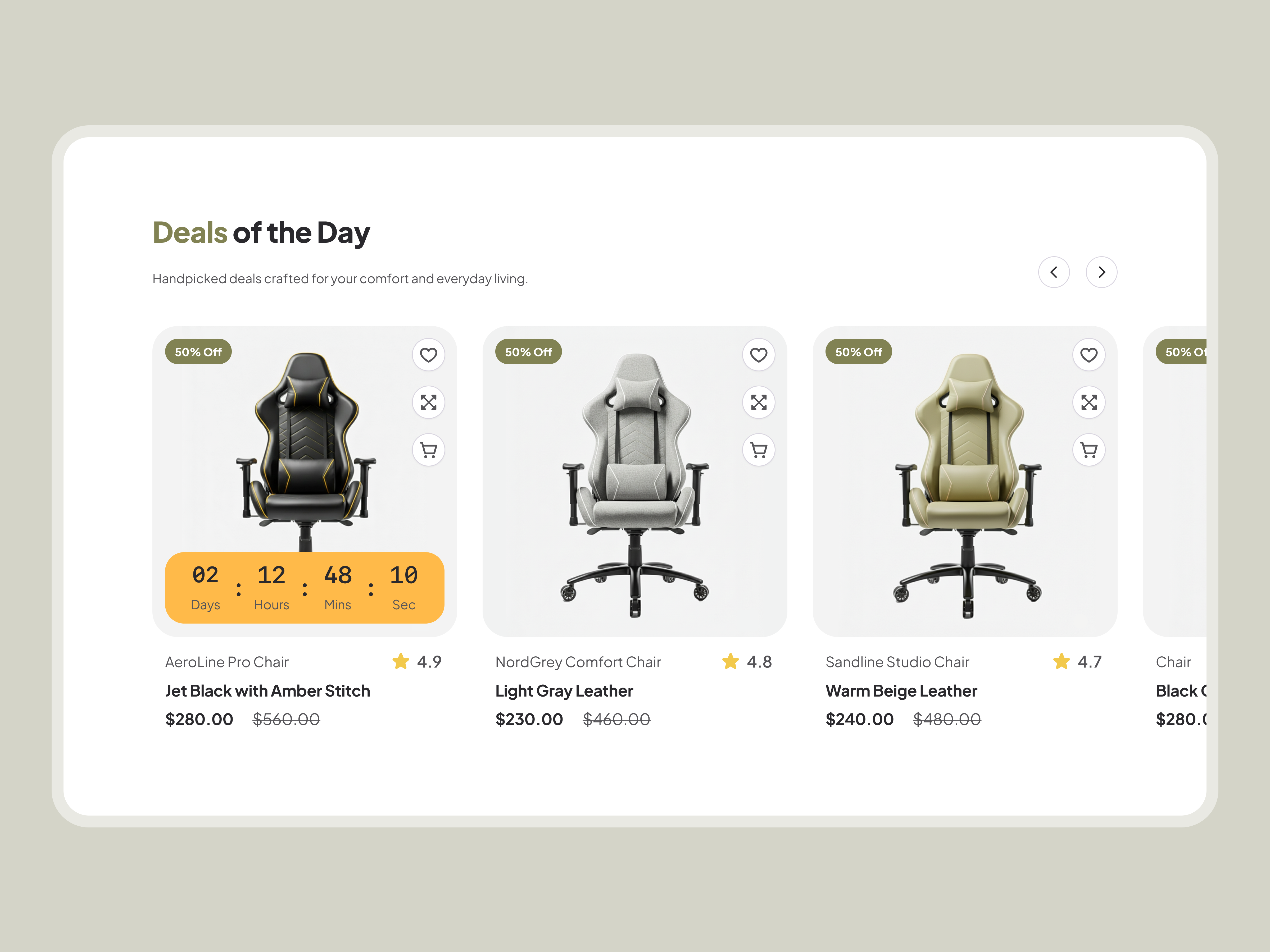 Product Card UI card cardui dealoftheday ecommerce ecommerceui furniture furnituredesign interface minimal olive productcard productui uigrid uxdesign webdesign website