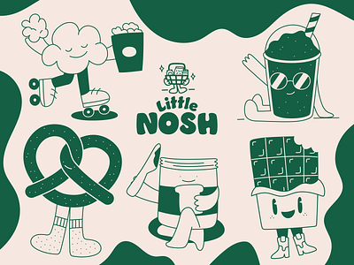 Little Nosh | Branding & Characters branding character design characters colorful design fun graphic design illustration illustrator logo logo design popcorn poster pretzel slushies snacks tote bag vector