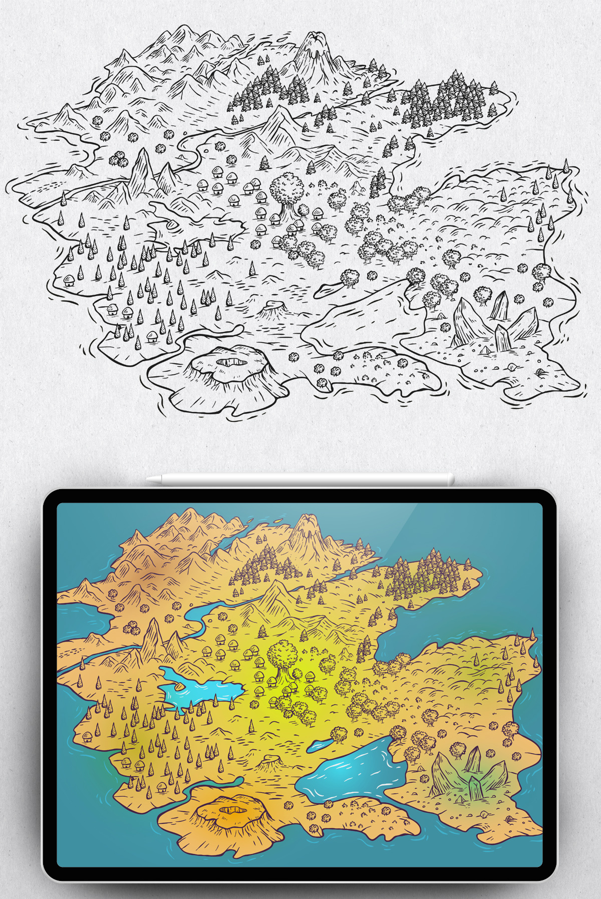 Map cartoon doodle draw fantasy game illustration island isometric map medieval print sketch travel vector vintage