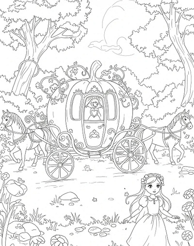 Black and white line art of a princess in a forest
