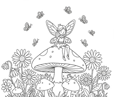 Line art coloring page of a whimsical fairy on a mushroom