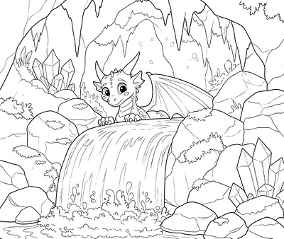 Black and white line drawing of a shy baby dragon