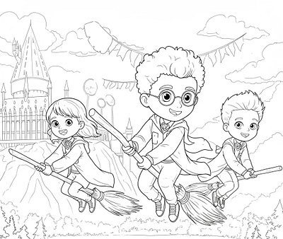 Three cartoon kids fly on broomsticks