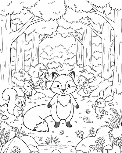 A black and white line art coloring page depicting a happy fox