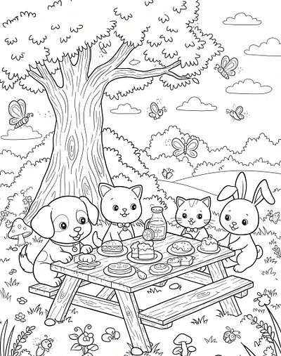 Black and white coloring page of a dog, two cats, and a bunny