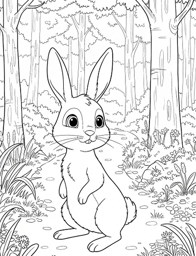 A cartoon rabbit stands on a forest path